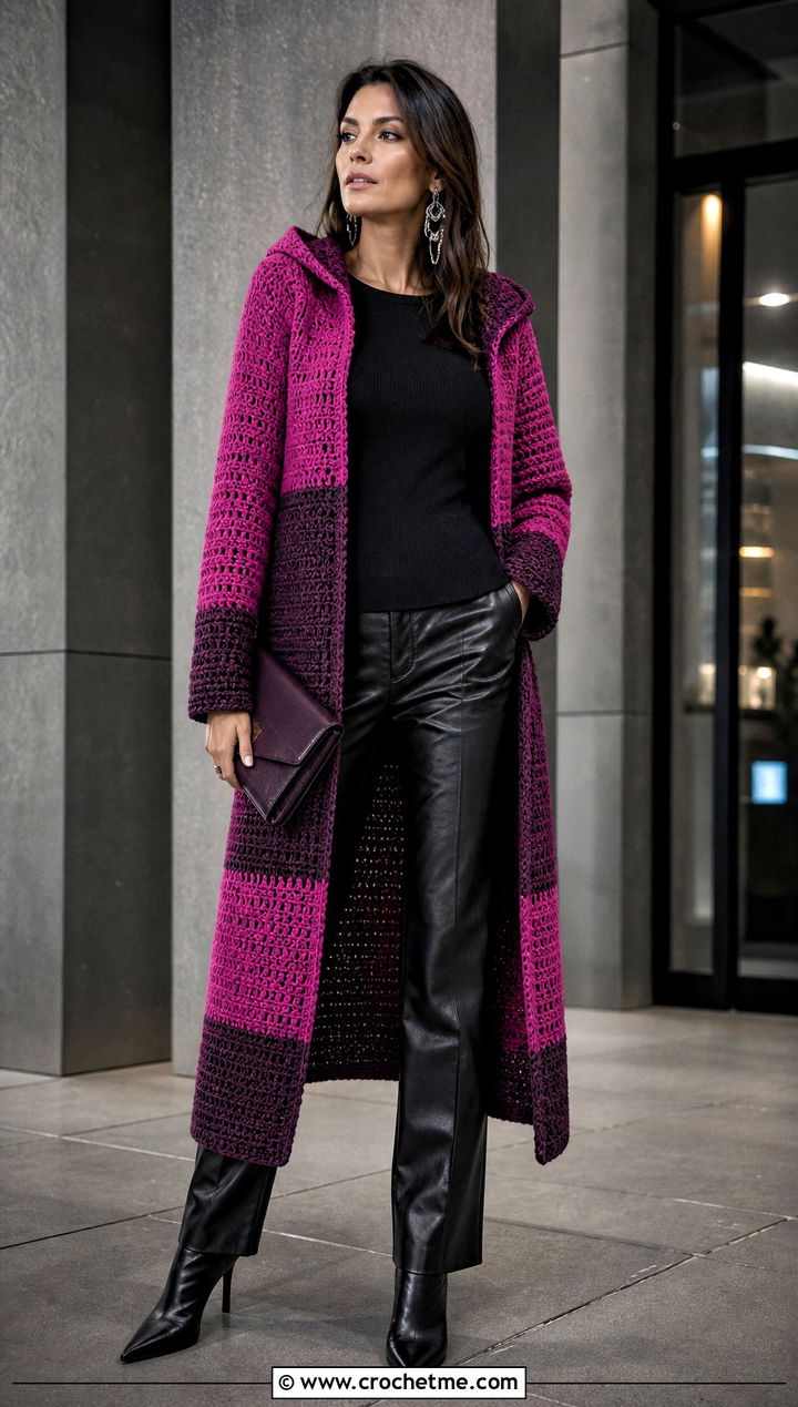 Color Block Long Hooded Cardigan With Leather Pants - 25 crochet long hooded cardigan outfit ideas