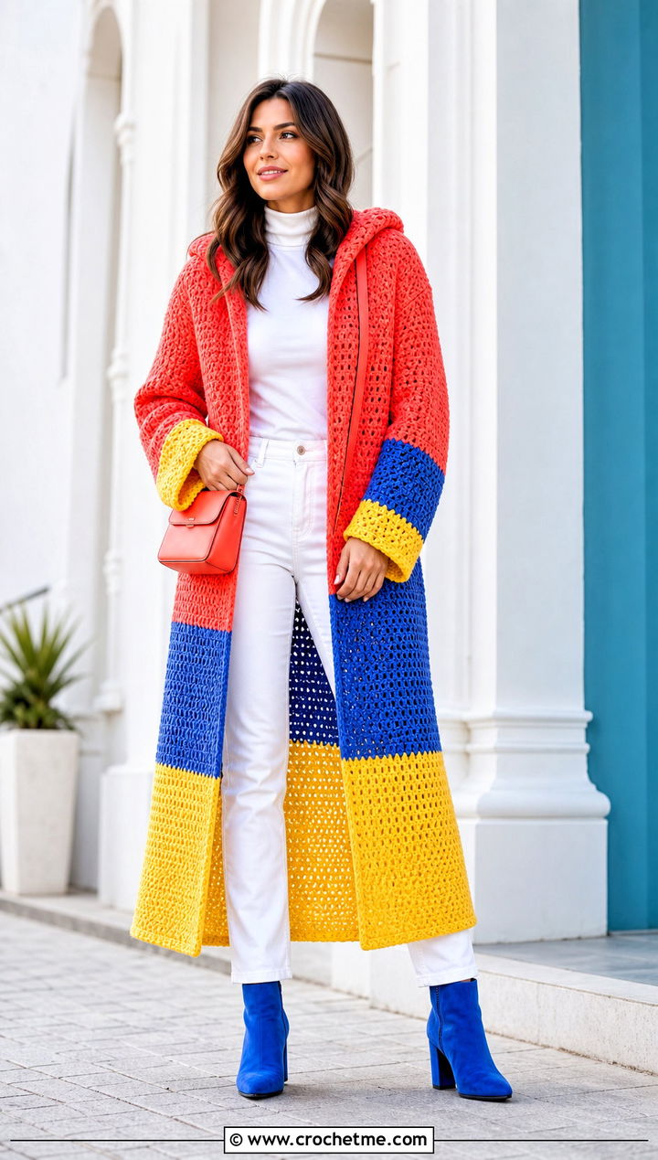 Color Block Long Hooded Crochet Cape With White Denim - 25 Long Hooded Crochet Cape outfit ideas