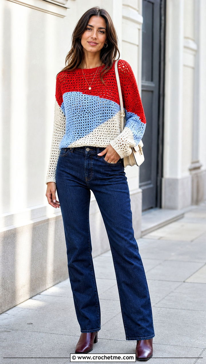Color Block Long Sleeve Crochet Top With Dark Wash Jeans - 25 aesthetic long sleeve crochet tops outfit ideas