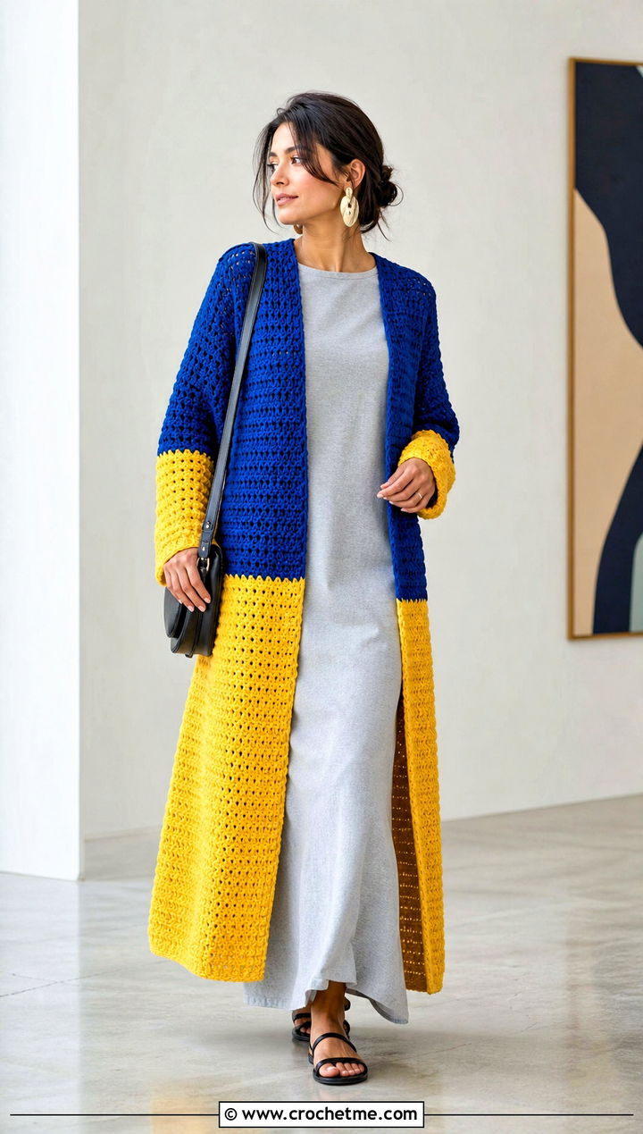 Color Block Longline Crochet Cardigan With Column Dress - 30 two color crochet cardigan outfit ideas