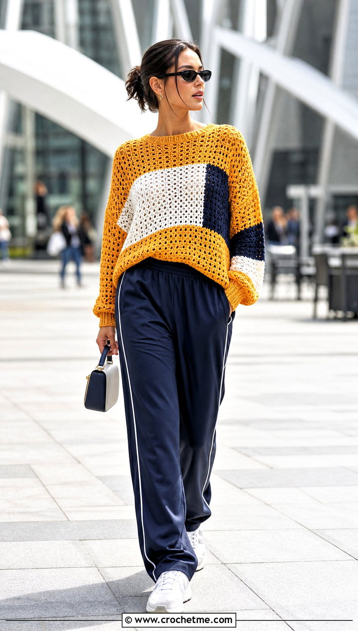 Color Block Loose Crochet Sweater With Track Pants - 30 loose crochet sweater outfit ideas