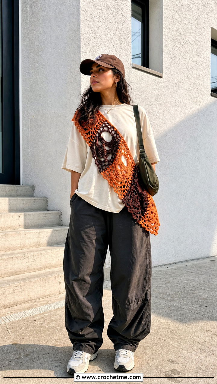 Color Block Lost Souls Shawl With Streetwear Basics - 35 crochet lost souls shawl outfit ideas