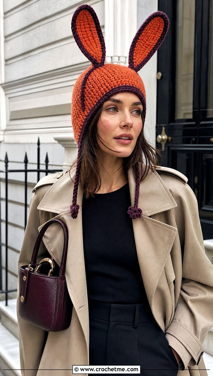 Color Block Louise Crochet Bunny Ear Hat With Trench Coat And Black Trousers - 25 Louise Crochet Hat outfit ideas