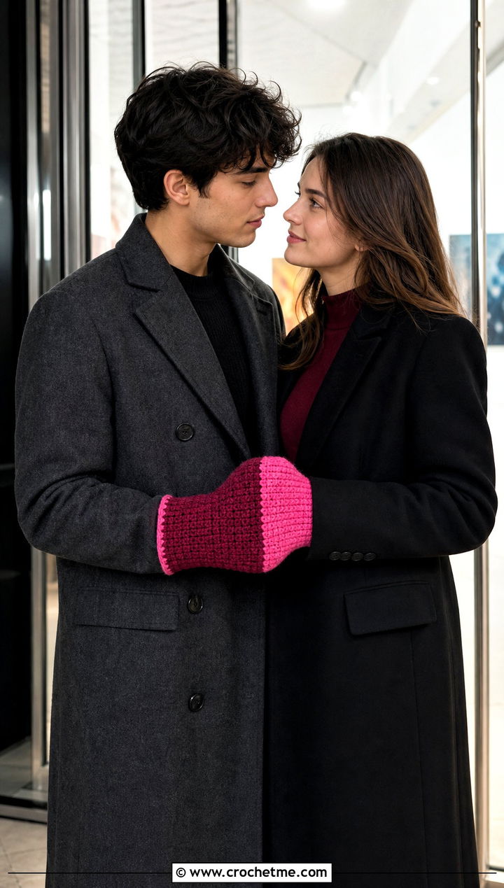 Color Block Lovers Mittens With Tailored Coats - 25 crochet couple mittens outfit ideas