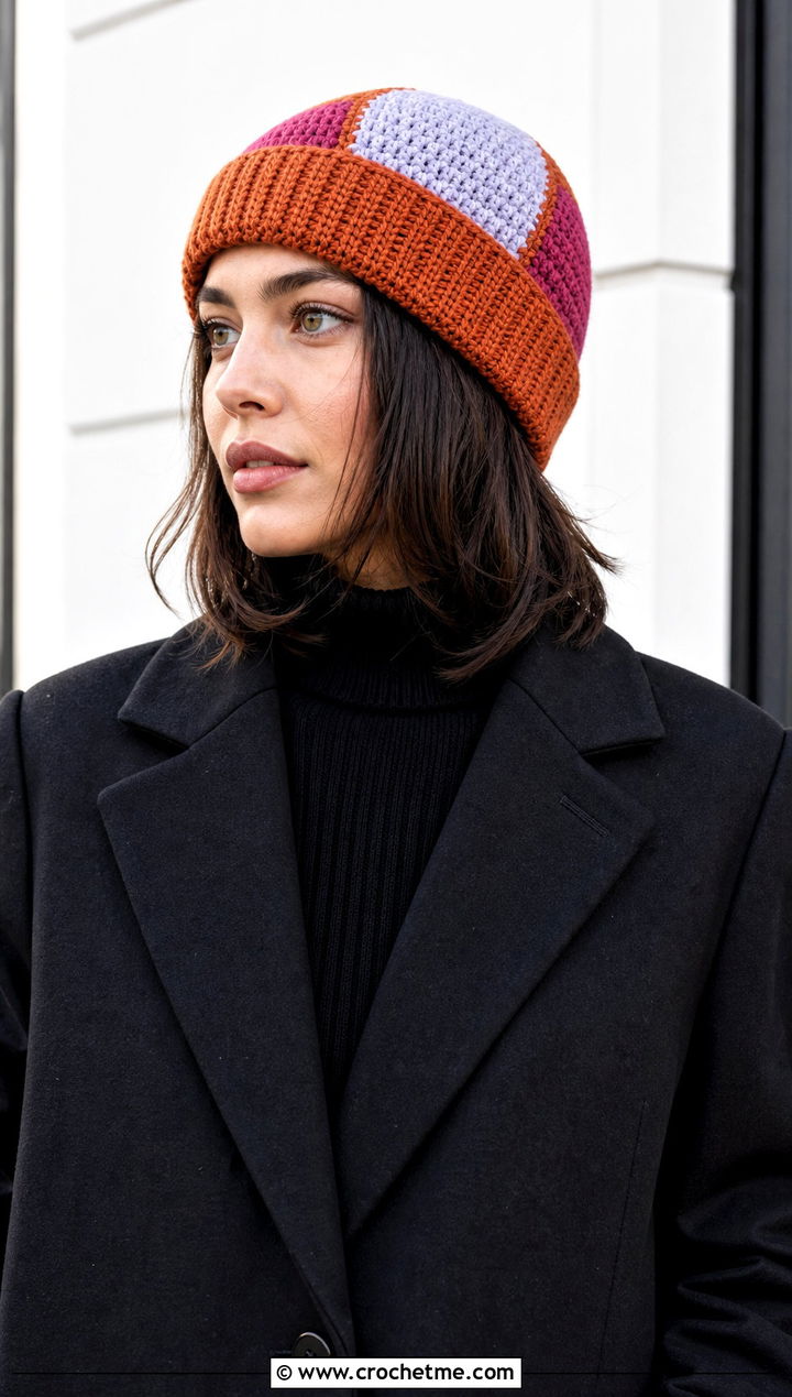 Color Block Magic Circle Crochet Beanie With Monochrome Outfit - 25 Crochet Beanie Magic Circle outfit ideas