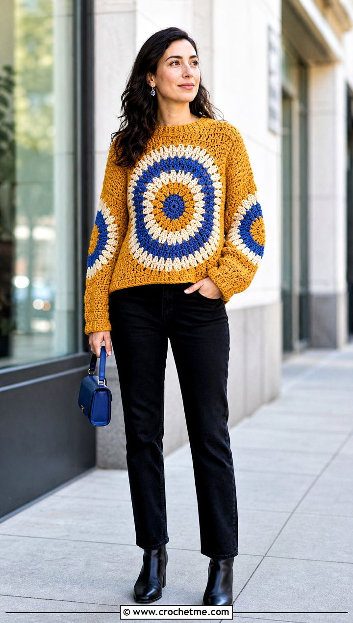 Color Block Mandala Crochet Sweater With Black Jeans - 25 Mandala Crochet Sweater outfit ideas