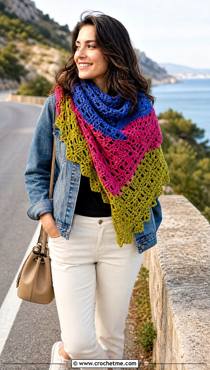 Color Block Mandala Yarn Crochet Shawl With Denim Jacket - 20 Mandala Yarn Crochet Shawl outfit ideas