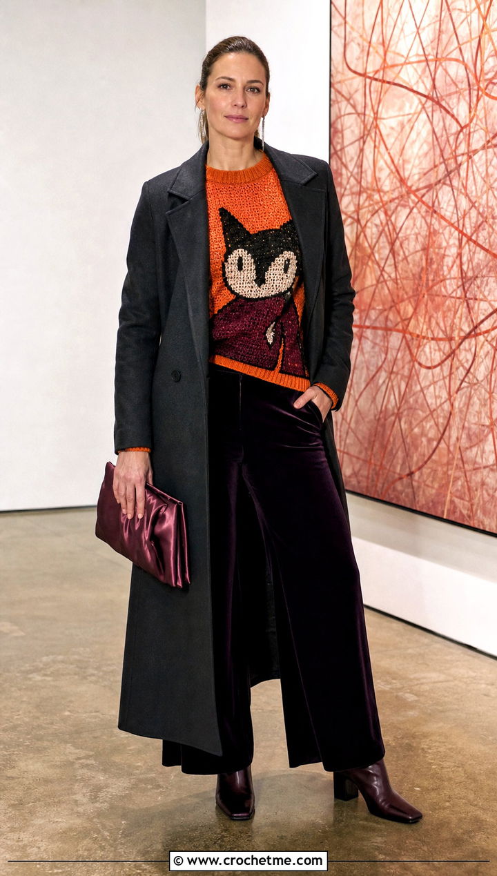 Color Block Marceline Cat Sweater With Velvet Trousers - 30 crochet marceline sweater outfit ideas