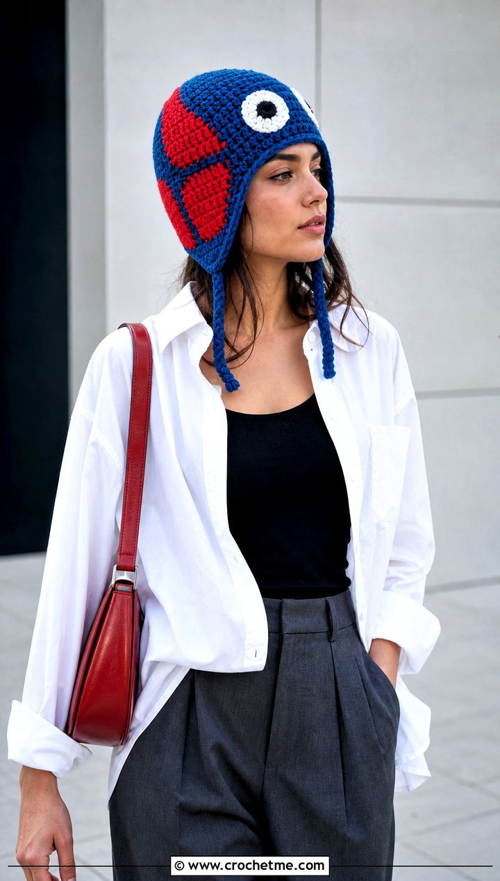 Color Block Mayday Crochet Beanie With White Shirt - 30 mayday crochet beanie outfit ideas
