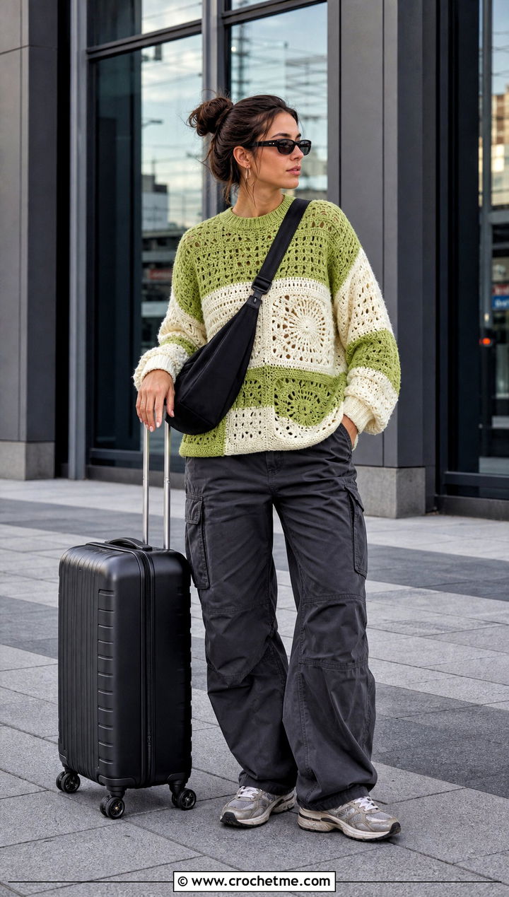 Color Block Mcdreamy Crochet Sweater With Cargo Pants - 15 Mcdreamy Crochet Sweater outfit ideas