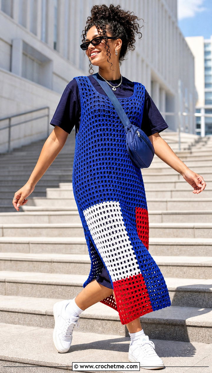 Color Block Mesh Crochet Dress With Retro Sneakers - 30 mesh crochet dress outfit ideas