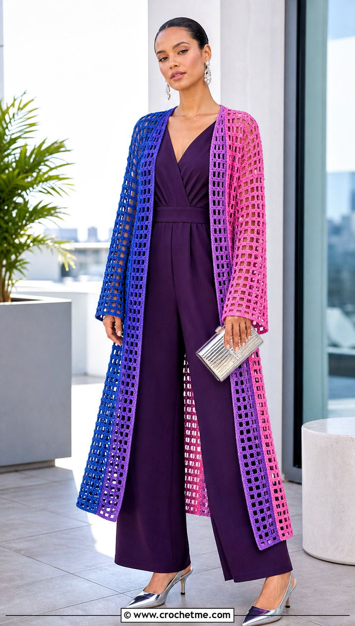 Color Block Mesh Crochet Duster With Wide Leg Jumpsuit - 25 crochet duster outfit ideas