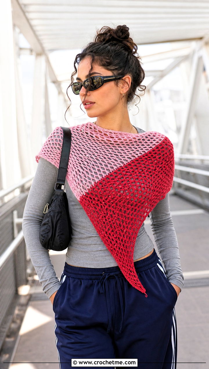 Color Block Mesh Triangle Shawl With Track Pants - 30 Crochet Mesh Triangle Shawl outfit ideas