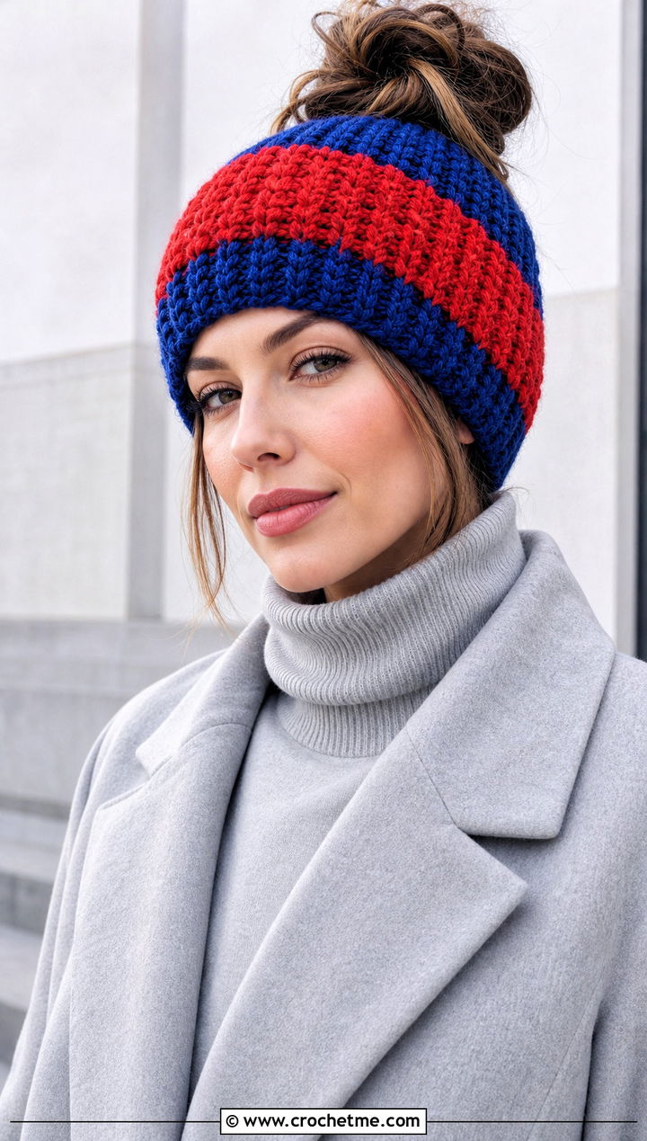 Color Block Messy Bun Crochet Beanie With Monochrome Outfit - 30 easy messy bun crochet beanie outfit ideas