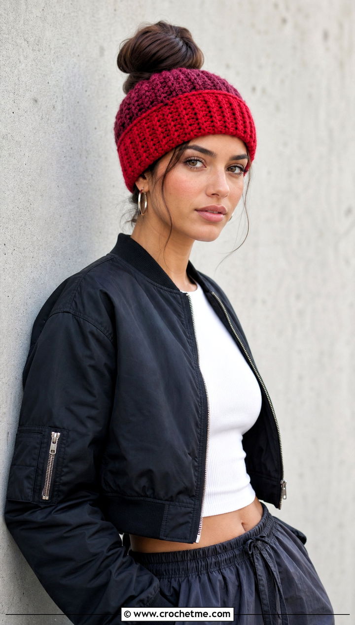 Color Block Messy Bun Crochet Hat With Bomber Jacket - 25 Easy Messy Bun Crochet Hat outfit ideas
