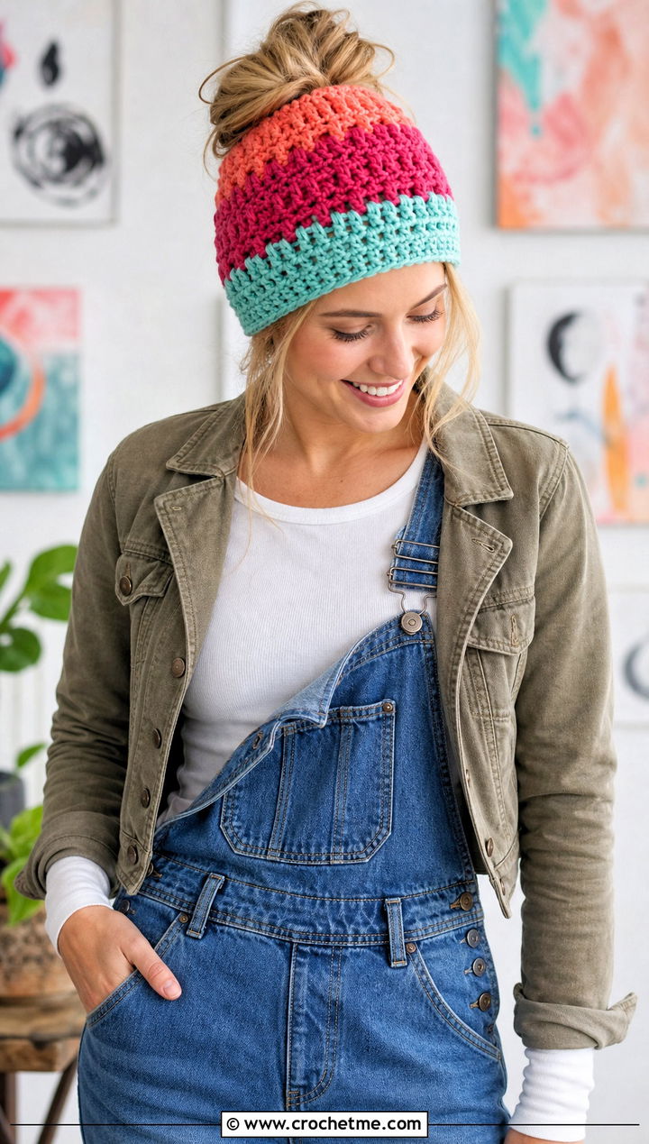Color Block Messy Bun Crochet Hat With Overalls - 25 Messy Bun Crochet Hat outfit ideas