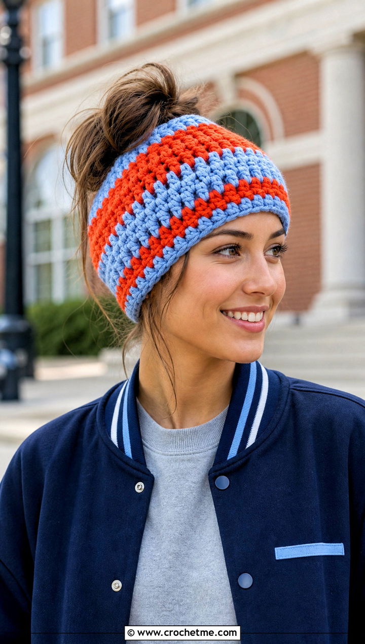 Color Block Messy Bun Crochet Hat With Varsity Jacket - 25 messy bun crochet hat with hair tie outfit ideas