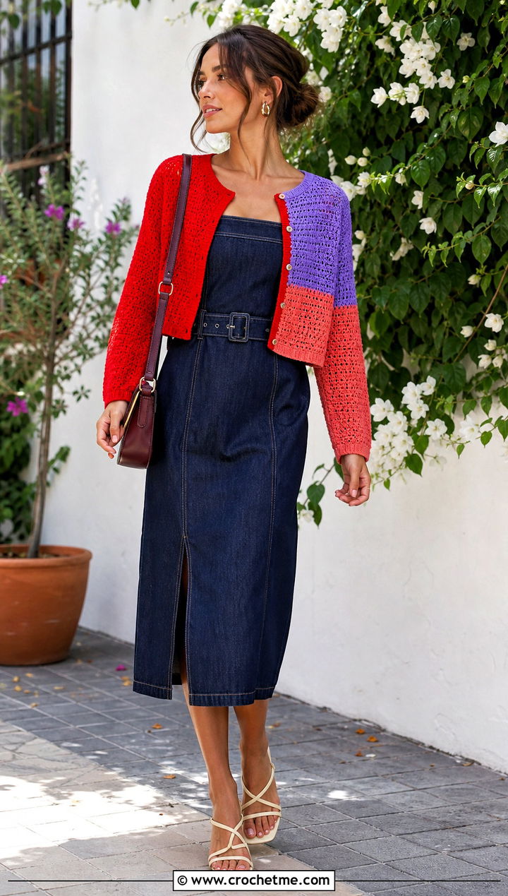 Color Block Mini Crochet Cardigan With Denim Dress - 35 mini crochet cardigan outfit ideas