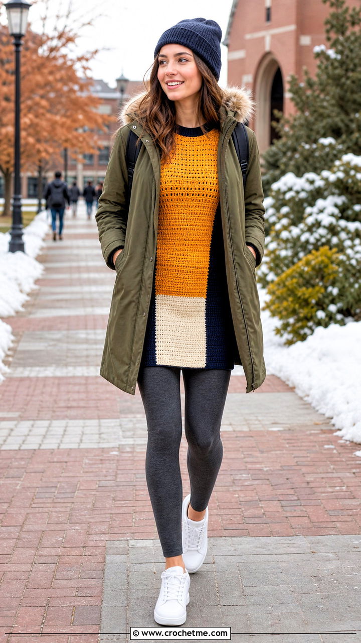 Color Block Mini Crochet Winter Dress With Parka - 35 crochet winter dress outfit ideas