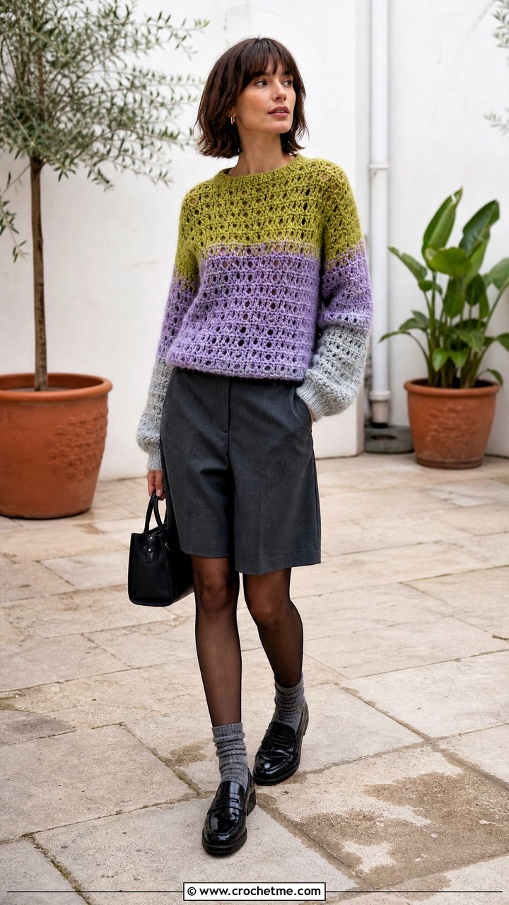 Color Block Mohair Crochet Sweater With Tailored Shorts - 35 mohair crochet sweater outfit ideas