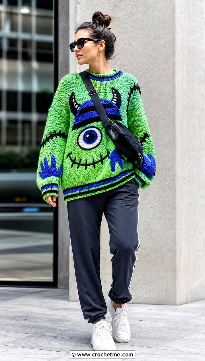 Color Block Monster Halloween Crochet Jumper With Track Pants - 15 Halloween Crochet Jumper outfit ideas