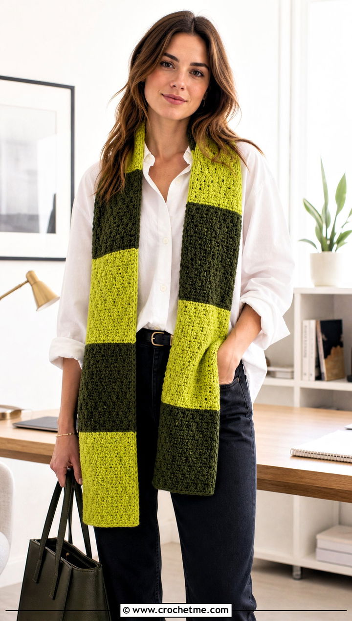 Color Block Mosaic Crochet Scarf With White Shirt - 25 Mosaic Crochet Scarf outfit ideas