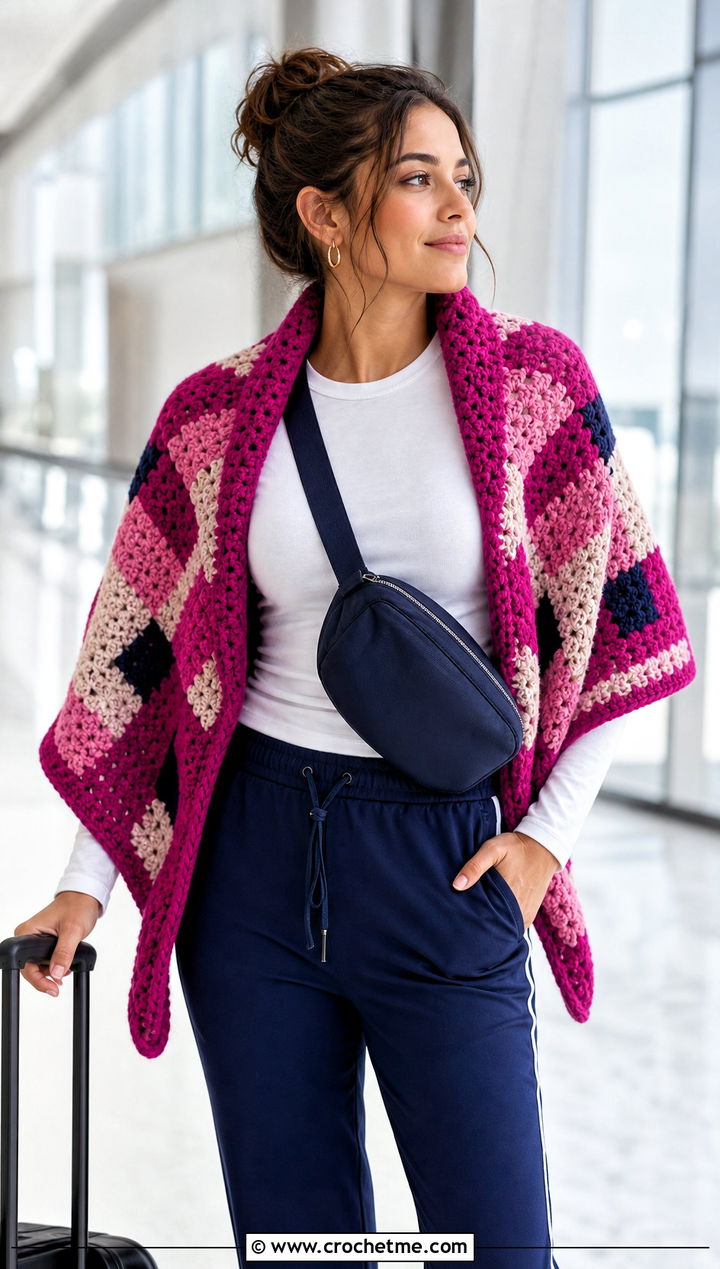 Color Block Mosaic Crochet Shawl With Track Pants - 30 mosaic crochet shawl outfit ideas
