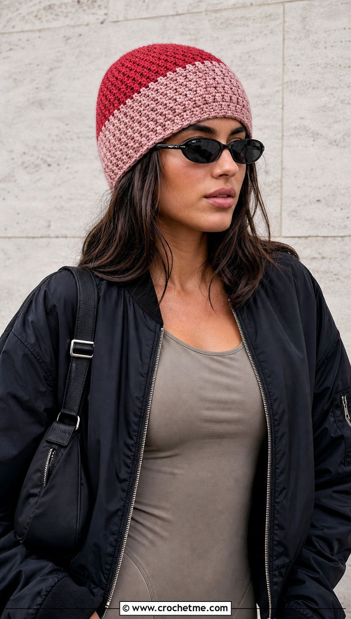 Color Block Moss Stitch Beanie With Cargo Pants - 25 Crochet Moss Stitch Hat outfit ideas
