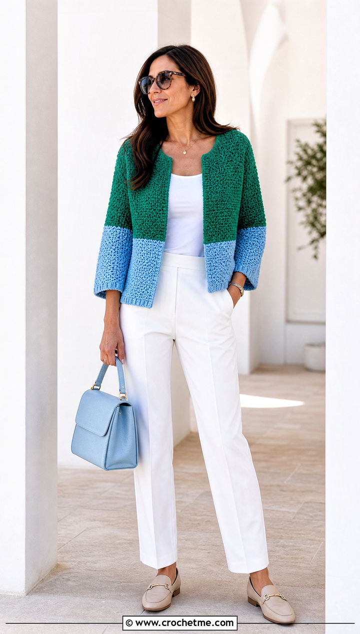 Color Block Moss Stitch Cardigan With White Trousers - 30 crochet moss stitch cardigan outfit ideas