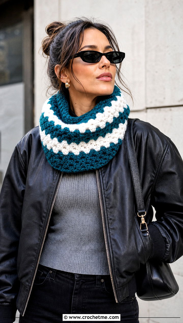 Color Block Moss Stitch Crochet Cowl With Leather Bomber - 15 Moss Stitch Crochet Cowl outfit ideas