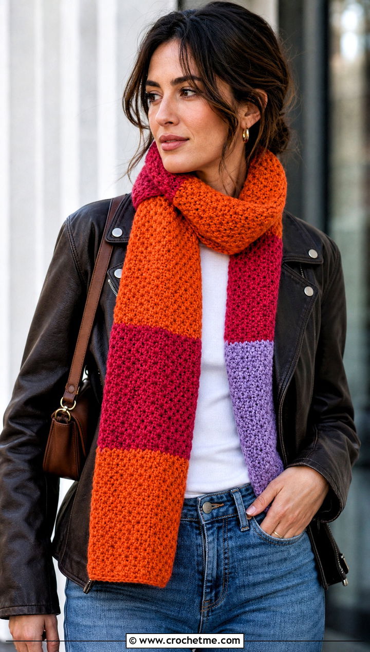Color Block Moss Stitch Crochet Scarf With Leather Jacket - 25 Moss Stitch Crochet Scarf outfit ideas