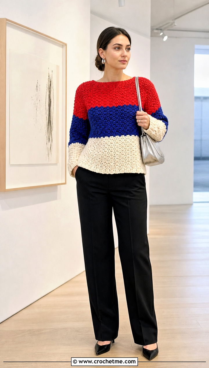 Color Block Moss Stitch Crochet Sweater With Black Trousers - 25 Moss Stitch Crochet Sweater outfit ideas