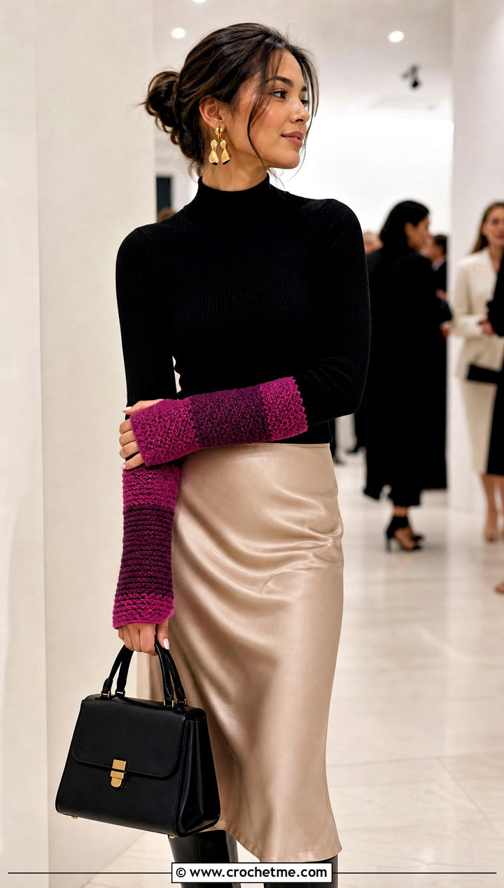 Color Block Moss Stitch Fingerless Gloves With Satin Skirt - 15 Crochet Moss Stitch Fingerless Gloves outfit ideas