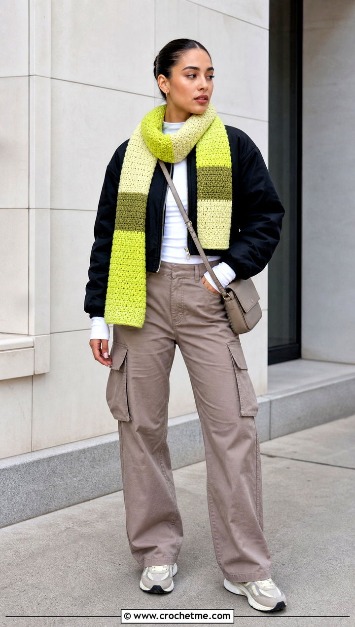 Color Block Moss Stitch Scarf With Bomber Jacket And Cargo Pants - 35 crochet moss stitch scarf outfit ideas