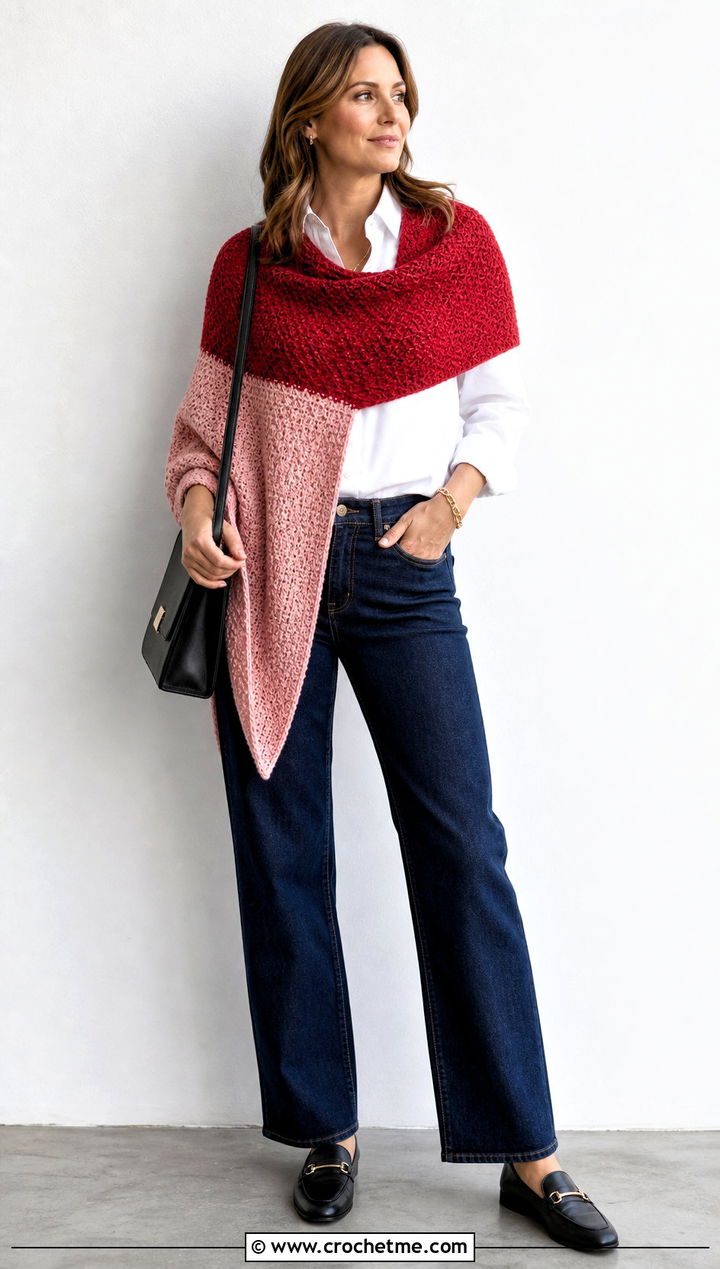 Color Block Moss Stitch Shawl With A White Button Down - 25 Crochet Moss Stitch Shawl outfit ideas