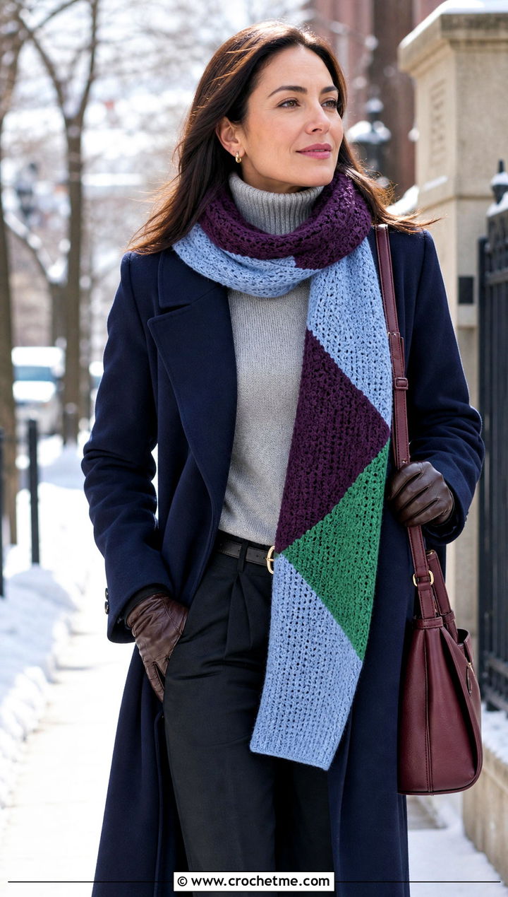 Color Block Motif Crochet Scarf With Wool Coat and Ankle Boots - 15 Light Crochet Scarf outfit ideas