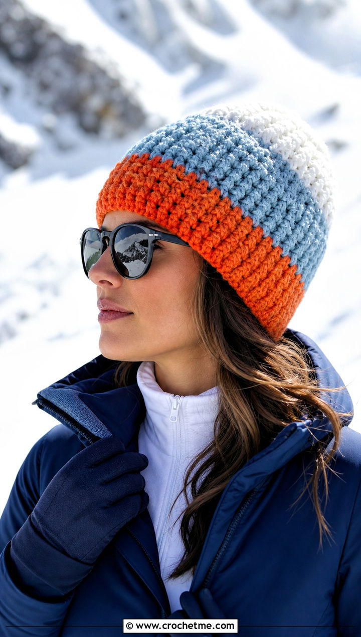 Color Block Mountain Ridge Crochet Beanie With Ski Jacket - 15 Mountain Ridge Crochet Beanie outfit ideas