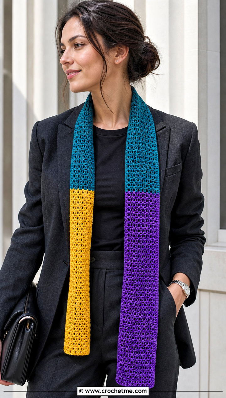 Color Block Narrow Crochet Scarf With Monochrome Outfit - 25 Narrow Crochet Scarf outfit ideas