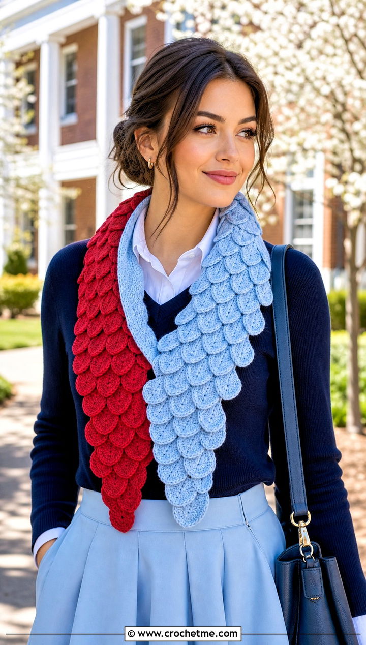 Color Block Natsu Scarf With Preppy Pleated Skirt - 15 Crochet Natsu Scarf outfit ideas