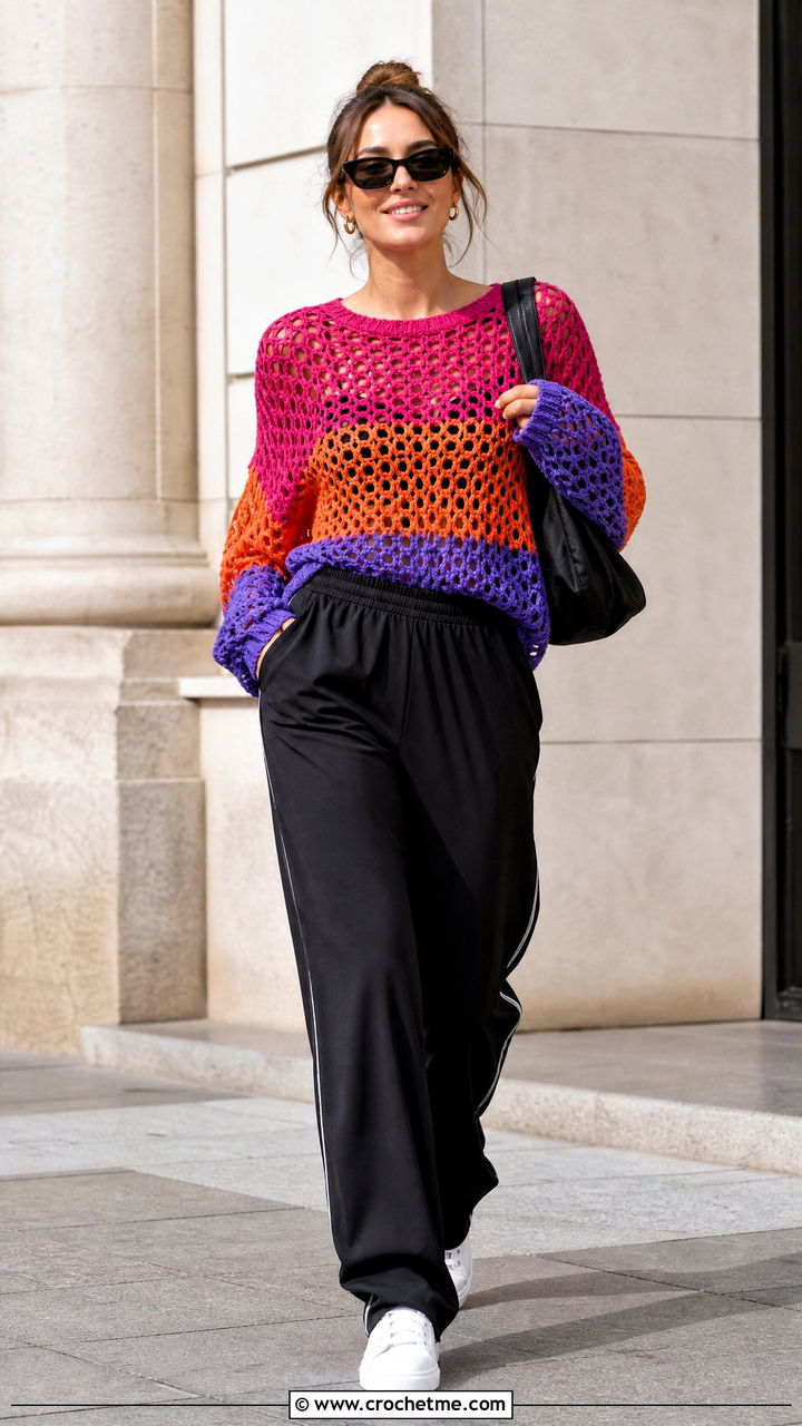 Color Block Net Sweater With Track Pants - 35 crochet net sweater outfit ideas