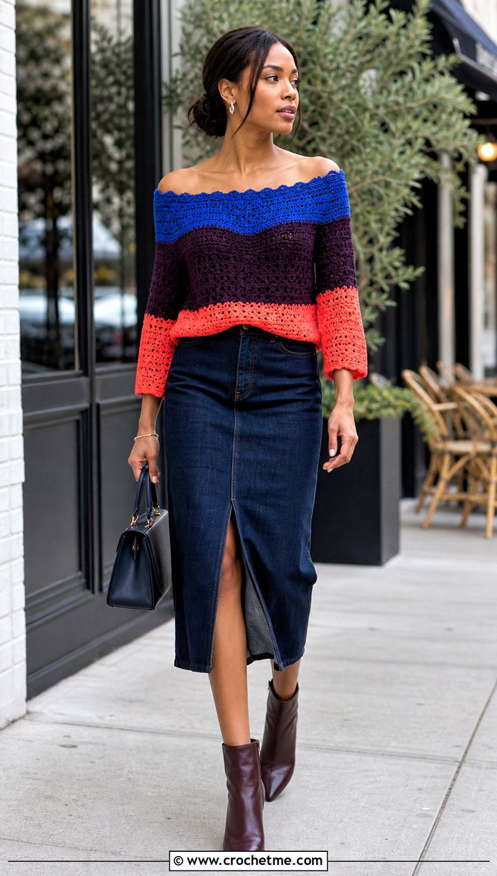 Color Block Off Shoulder Crochet Top With Denim Midi Skirt - 30 Off Shoulder Crochet Top outfit ideas