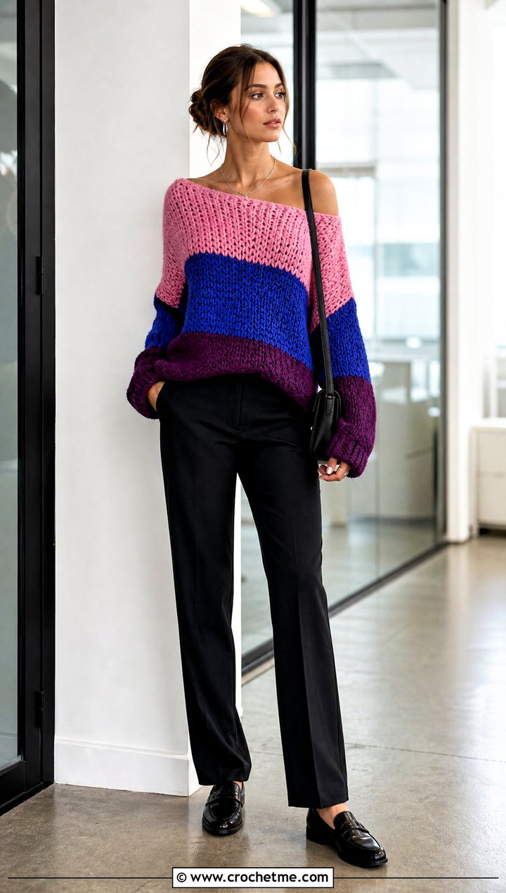 Color Block Off The Shoulder Crochet Sweater With Black Trousers - 30 off the shoulder crochet sweater outfit ideas