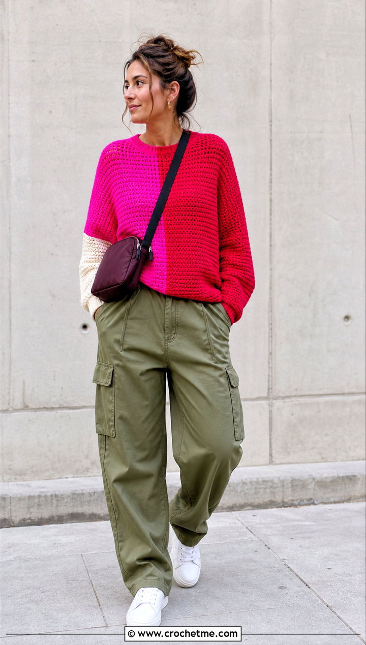 Color Block One Panel Crochet Sweater With Cargo Pants - 30 One Panel Crochet Sweater outfit ideas