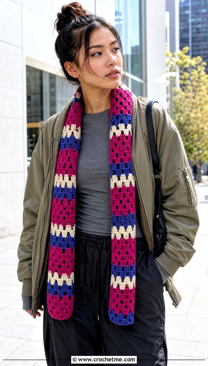 Color Block One Row Repeat Crochet Scarf With Bomber Jacket - 20 one row repeat crochet scarf outfit ideas