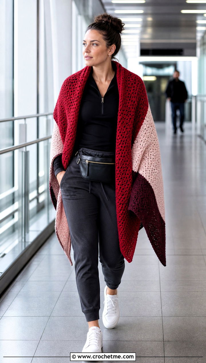 Color Block Outlander Shawl With Track Pants - 35 crochet outlander shawl outfit ideas