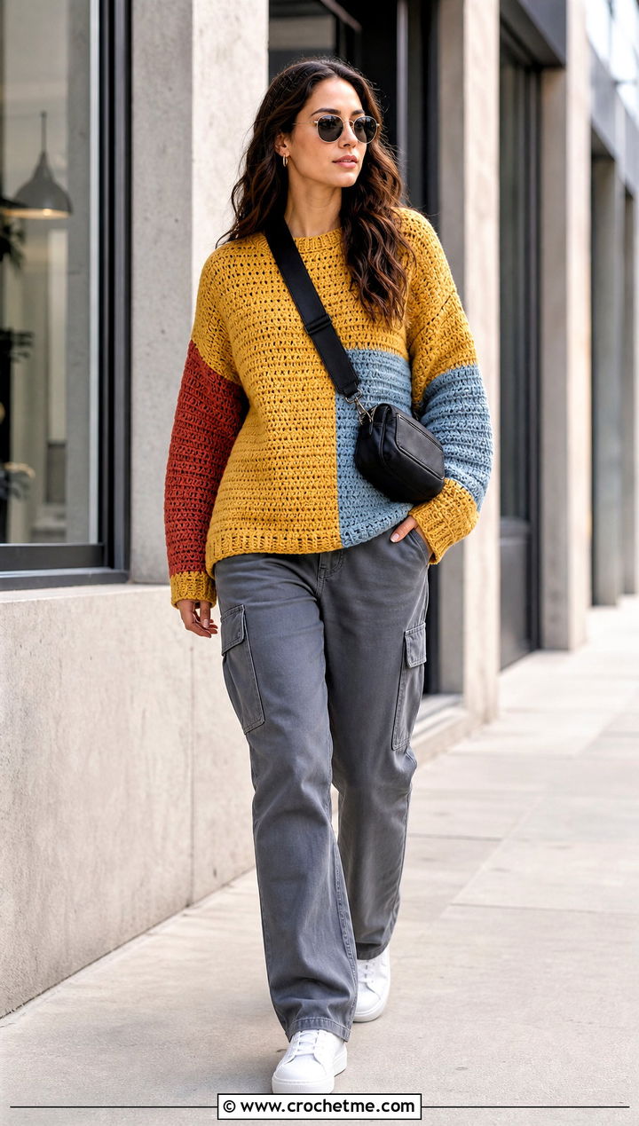 Color Block Oversize Crochet Sweater With Cargo Pants - 15 Oversize Crochet Sweater outfit ideas