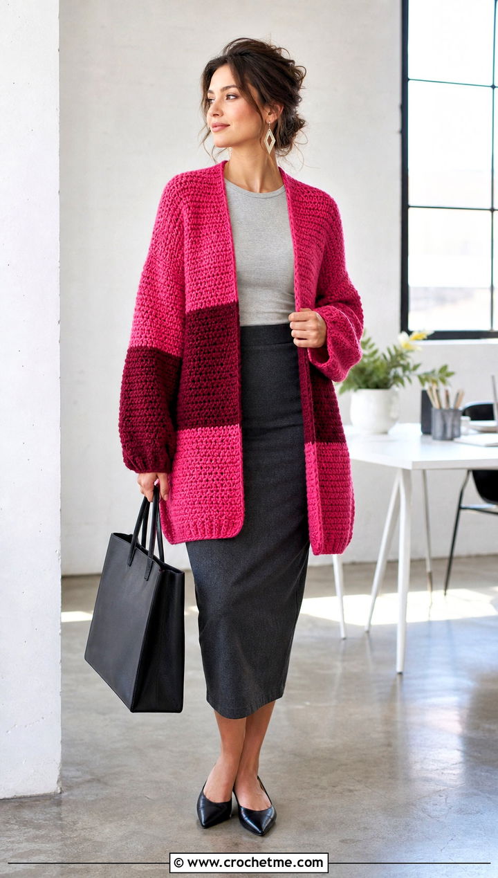 Color Block Oversized Chunky Crochet Cardigan With Pencil Skirt - 25 oversized chunky crochet cardigan outfit ideas