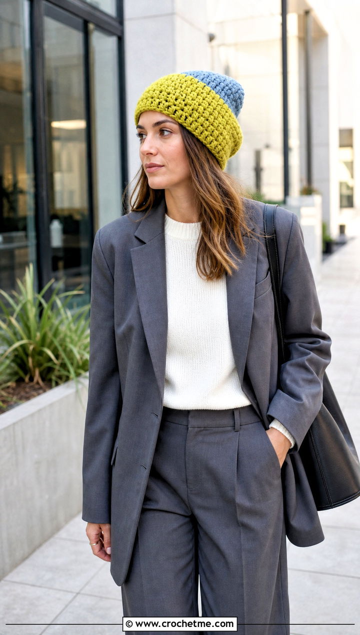 Color Block Oversized Crochet Beanie With Blazer And Trousers - 15 Oversized Crochet Beanie outfit ideas