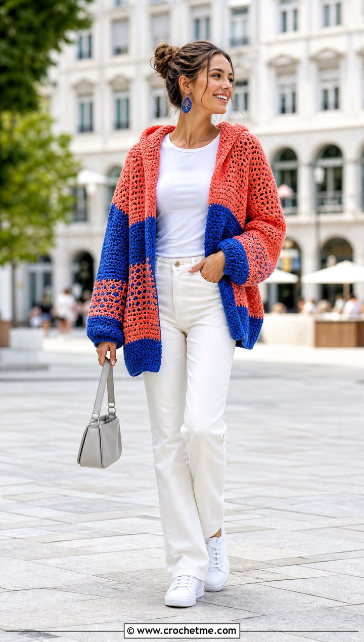 Color Block Oversized Crochet Hoodie With White Jeans - 20 oversized crochet hoodie outfit ideas