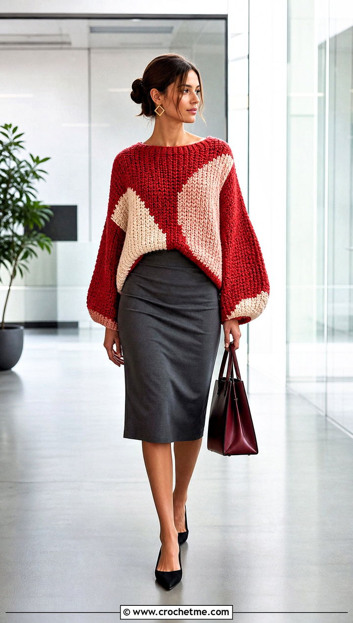 Color Block Oversized Crochet Jumper With Pencil Skirt - 25 oversized crochet jumper outfit ideas